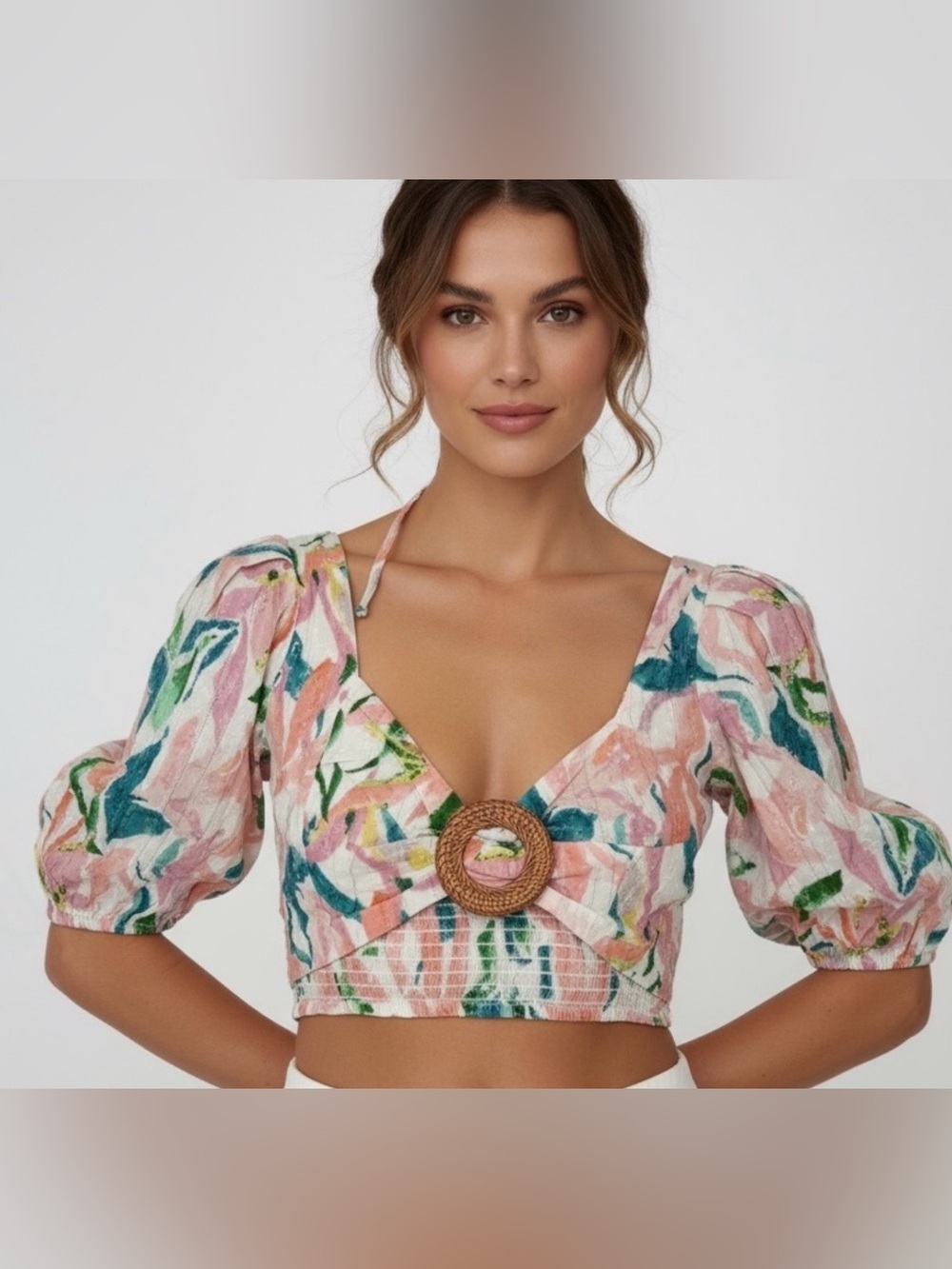 RAHI Floral Puff Sleeve Crop Top Size S NWT Retail $88 Boho Cottagecore